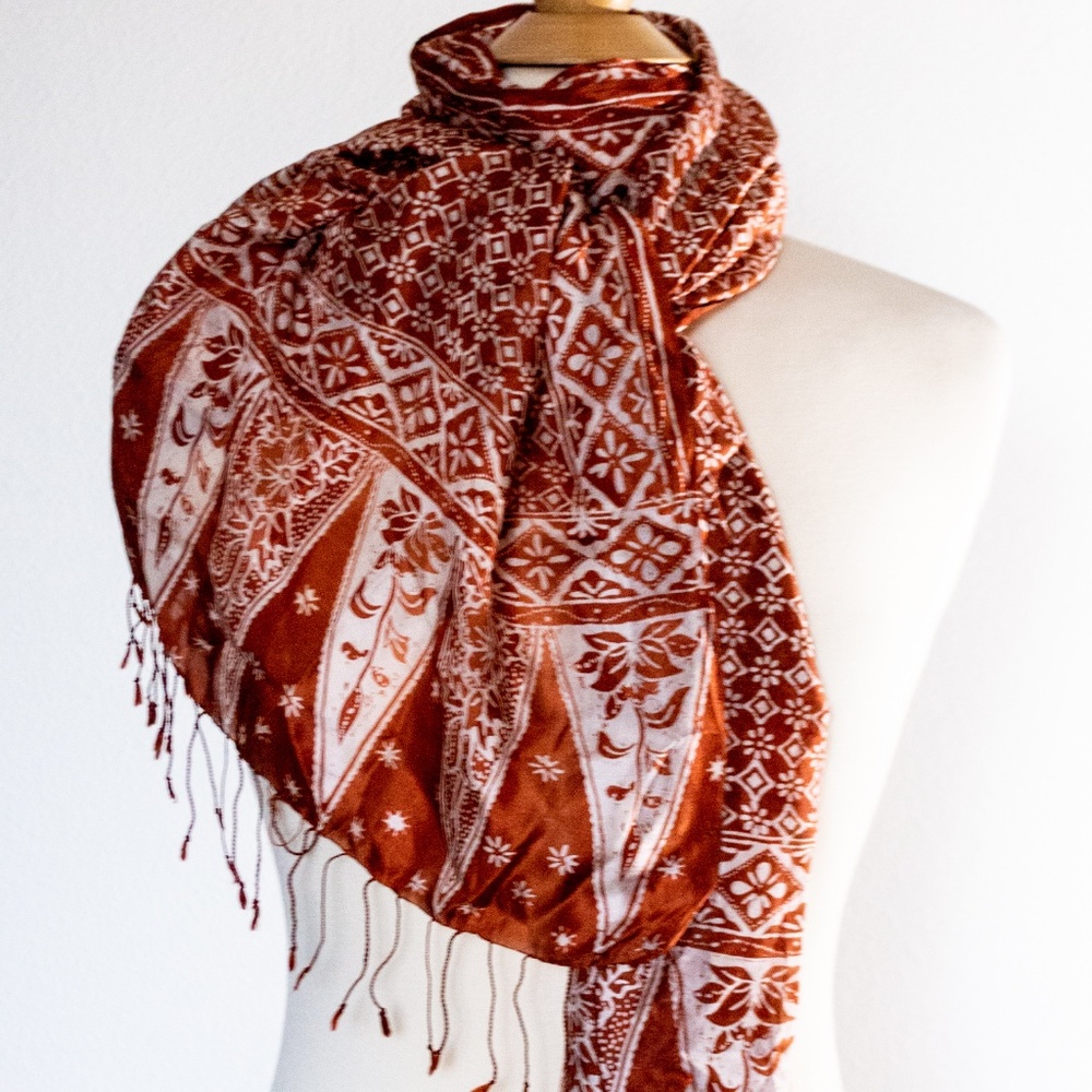 Scarf  100% silk Dark Mahogany Brown White